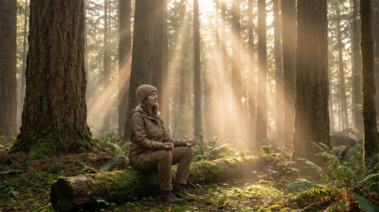 Forest bathing shinrin-yoku benefits 2026 - woman in pine forest with sunlight