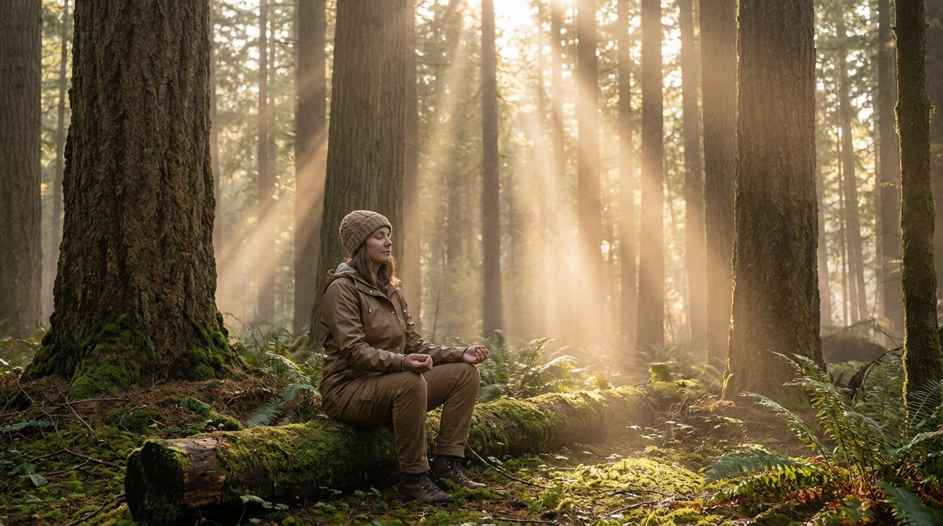 Forest bathing shinrin-yoku benefits 2026 - woman in pine forest with sunlight
